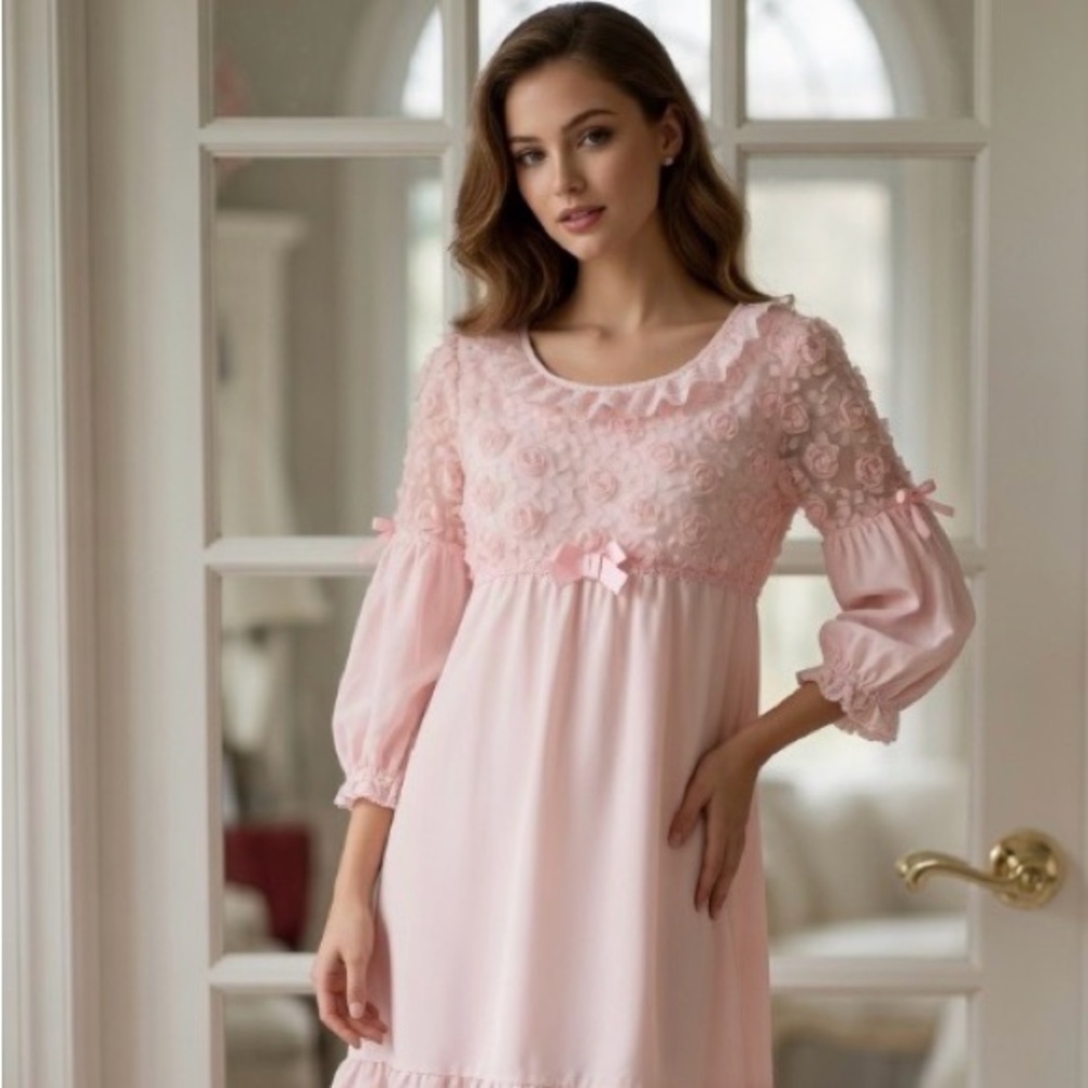 Elegant Pink Lace-Detail nightgown vintage look hand made
